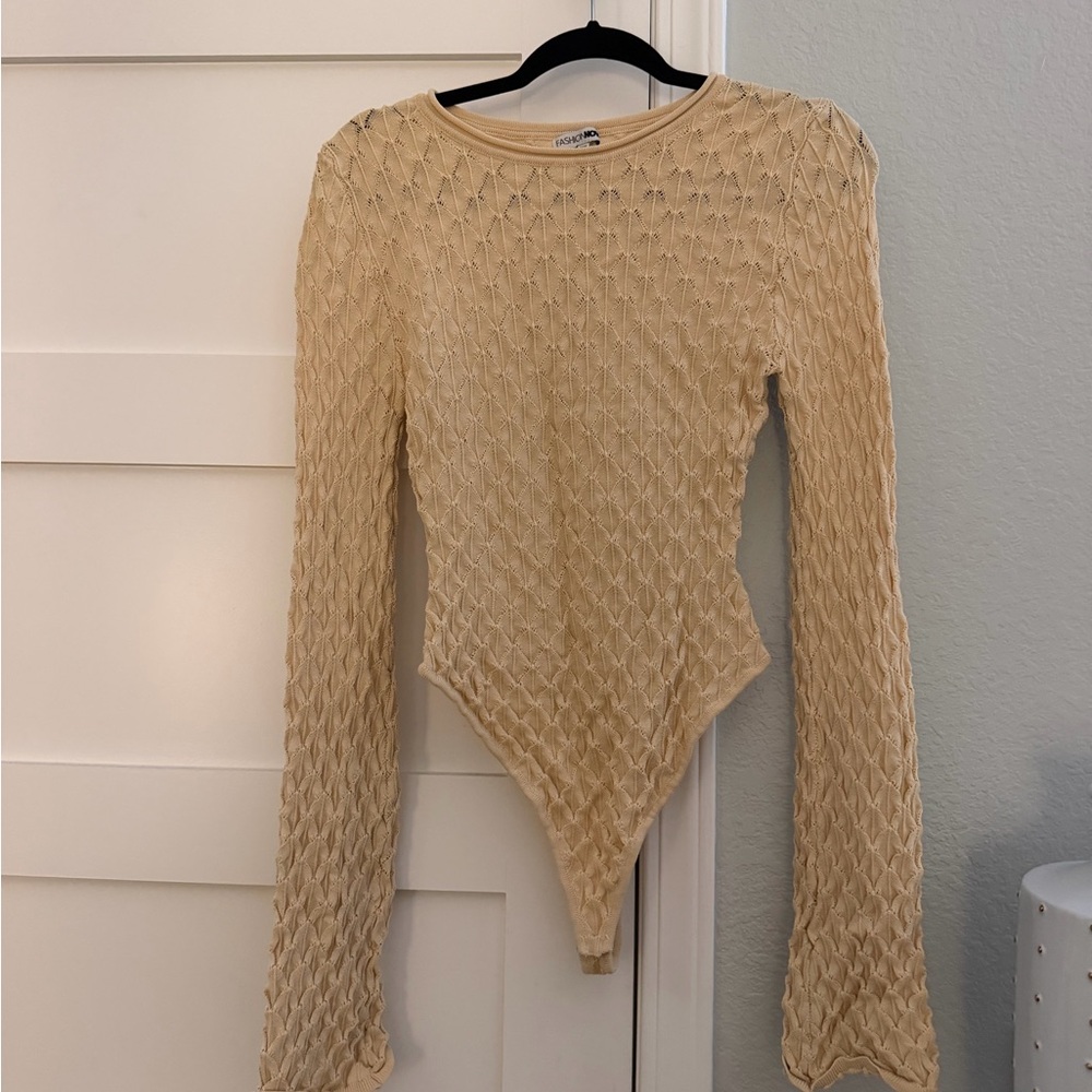 FashionNova Cream Long-Sleeve Bodysuit - Women Tops